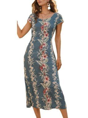 Vintage‎ Ionlani Gray Blue Tropical Floral SMALL Midi Dress Round Neck S